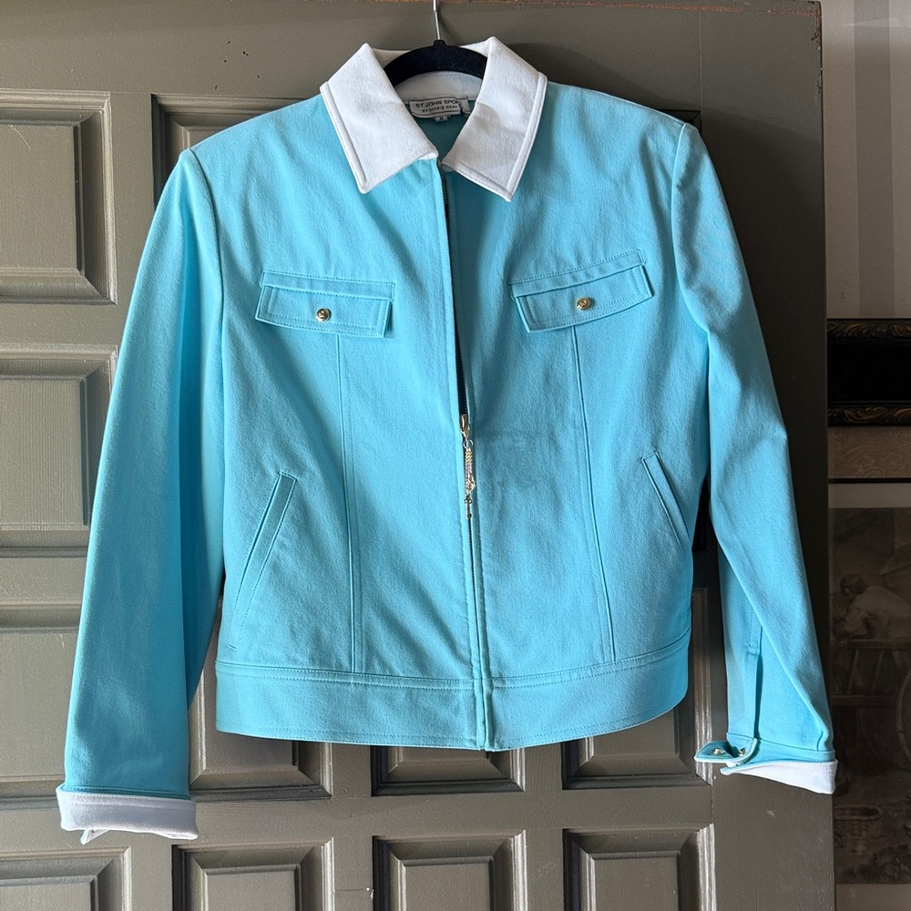 St. John Sport by Marie Gray Aqua Bomber Jacket with White Collar